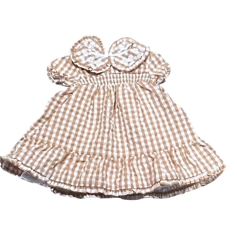 Tahari Baby Girl Dress 3-6 Months Beige Gingham Peter Pan Collar Bow